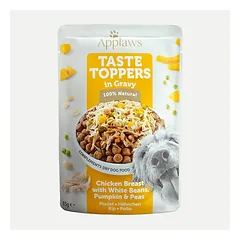 Applaws Dog Taste Toppers in Gravy vištienos krūtinėlė su baltomis pupelėmis, moliūgu ir žirneliais papildomas maistas šunims ir šuniukams, su vištienos krūtinėlės gabaliukais, baltomis pupelėmis, moliūgu ir žirneliais padaže, 85 g