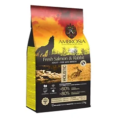 AMBROSIA GF Adult Mini Fresh Salmon & Rabbit begrūdis sausas maistas suaugusiems, mažų veislių šunims