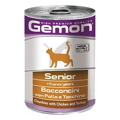 GEMON CAT SENIOR KONSERVUOTAS PAŠARAS KATĖMS NUO 11 METŲ MĖSOS GABALIUKAI. VIŠTIENA IR KALAKUTIENA 415G