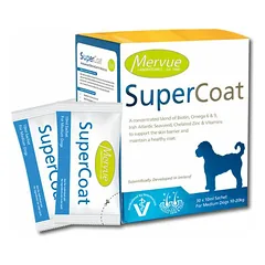 Mervue SuperCoat papildomas pašaras vidutinio dydžio šunims sveikai odai ir kailiui, 10-20 kg, 30 x 10 ml