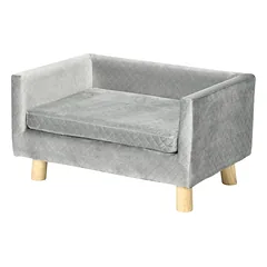Sofa šunims su medinėmis kojelėmis, mažiems šunims iki 8 kg, aksomo tekstūros, 64 x 45 x 36 cm, tamsiai pilka
