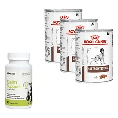 ROYAL CANIN Gastro Intestinal GI25 3x400g skardinė ŠUO + LAB-V Calm Support - streso ir elgesio sutrikimų simptomų palaikymas 45 kapsulės