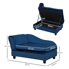 Sofa šunims ir katėms su daiktadėže ir pagalvėle, pliušinė, iki 15 kg, 76x45x43 cm, mėlyna — 3 nuotrauka