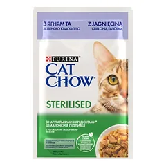 CAT CHOW Sterilizuotas kačių ėdalas su ėriena ir šparaginėmis pupelėmis padaže 85g