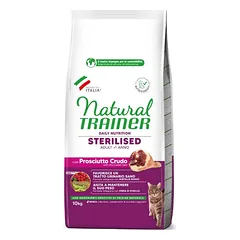 Natural Trainer Sterilised Adult Cat sausas maistas katėms su kumpiu, 10 kg parduotuvėje ramiosblusos.lt