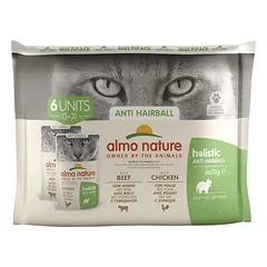 Almo Nature HFC Adult Anti Hairball su jautiena ir vištiena drėgnas maistas suaugusiems katėms, 6 x 70 g