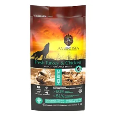 AMBROSIA grain-free Turkey & Chicken Large breed Adult, begrūdis kalakutienos ir vištienos sausas maistas šunims 12kg.