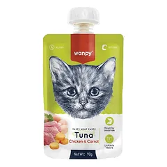 Wanpy mėsos pasta katėms su tunu, vištiena ir morkomis, 90 g.
