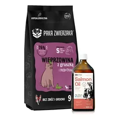 Paka Zwierzaka - Septintas dangus - Kiauliena su kriauše S 9kg + Lab-V 100% lašišų aliejus įvairaus amžiaus šunims ir katėms 500ml šalto spaudimo