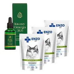 ENZO VET Recovery katėms 3x100g + LAB-V Omega 3 ir 6 riebalų rūgštys bendrai šunų ir kačių sveikatos, kailio ir odos būklei gerinti 100ml