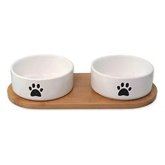 Dog Fantasy 2 keramikiniai dubenėliai su neslystančiu bambukiniu stovu, 400ml (balta/juoda) — 2 nuotrauka
