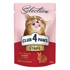 CLUB 4 PAWS Premium plus juostelės suaugusioms katėms su triušiena padaže 12x85 gr
