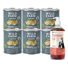 WILD FARM Superfood Chicken (Vištiena su moliūgais, obuoliais ir žolelėmis) 6x800 g pašaro šunims be grūdų + LAB V Lašišų aliejus šunims ir katėms 1000ml