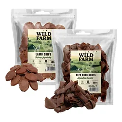 WILD FARM Duck Knots 500g + ėrienos traškučiai 500g skanėstai šunims