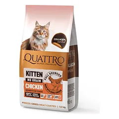 QUATTRO visavertis sausas pašaras visų veislių kačiukams su vištiena (iki 12 mėnesių, begrūdis), 1,5 kg