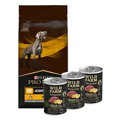 PURINA Veterinary PVD JM Joint Mobility 12kg + Wild Farm Monoprotein Wild Boar 3x400g hipoalerginis šunų ėdalas