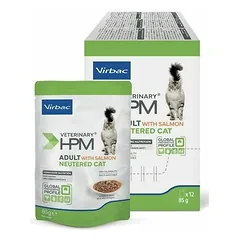 Virbac HPM Cat Adult Neutered lašišos gabaliukai padaže, veterinarinis maistas katėms 12x85 g