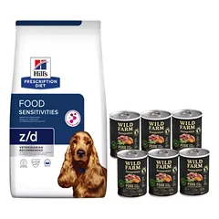 HILL'S PD Prescription Diet Canine z/d Jautrumas maistui 10kg + Wild Farm Monoprotein Pork 6x400g hipoalerginis maistas šunims