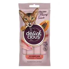 DELICKCIOUS kreminiai skanėstai su jūrų karšiu ir papajomis suaugusioms katėms (4x15 g), 60 g