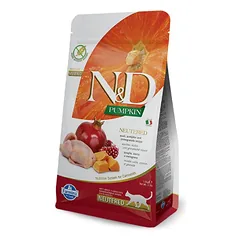 Farmina N&D Cat Grain Free Neutered Putpelė, Moliūgas, Granatas sausas maistas sterilizuotoms katėms, 1.5 kg