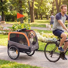 Dviračio priekaba šunims iki 20 kg, sulankstoma, su atšvaitais ir vėliavėle, 127,5x57,5x75,5 cm, oranžinė — 2 nuotrauka