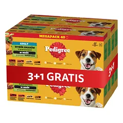 PEDIGREE Adult „Wybór Smaków“ su daržovėmis, 4 x 40x100 g maišeliai – visavertis šlapias maistas suaugusiems šunims: su jautienos ir ėrienos mišiniu, su jautienos ir kepenėlių mišiniu, su vištiena, su kalakutiena, padaže – 3+1 NEMOKAMAI
