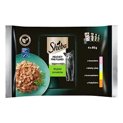 SHEBA paketėlis 4x85g Fine Flakes in Jelly - drėgnas kačių ėdalas želė (su balta žuvimi, su lašiša, su kalakutiena, su vištiena)