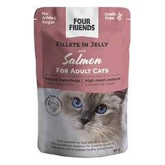 Four Friends Adult Salmon drėgnas ėdalas katėms su vištiena, kepenimis ir lašiša drebučiuose, 85 g