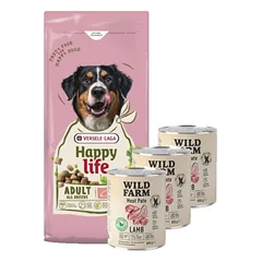 VERSELE-LAGA Happy Life Adult su ėriena 12,5 kg - suaugusių didelių veislių šunų ėdalas su ėriena + WILD FARM Pate Lamb 3x800g ėdalas šunims be glitimo