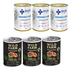 Wild Farm Monoprotein Pork 3x400g hipoalerginis maistas šunims + ENZO VET Hipoalerginė dieta su triušiena šunims 3x400g