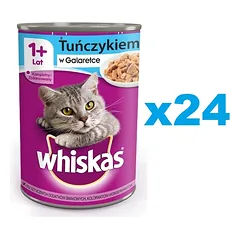 WHISKAS Adult puszka 24x400 g - visavertis drėgnas ėdalas suaugusioms katėms, gabalėliai su tunu drebučiuose