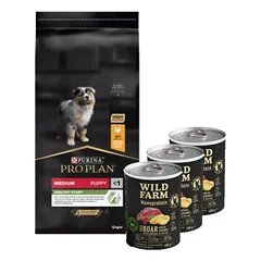 Purina Pro Plan Medium Puppy Optistart, vištiena ir ryžiai 12kg + Wild Farm Monoprotein Wild Boar 3x400g hipoalerginis šunų ėdalas