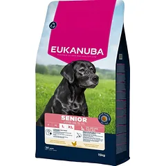 EUKANUBA Senior Large Breeds Chicken 15 kg sausas ėdalas didelių veislių vyresniems šunims, kuriame gausu šviežios vištienos