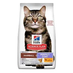 Hills Science Plan Hairball & Perfect Coat Adult Chicken sausas maistas katėms nuo plaukų kamuolių susidarymo ir puoselėjantis kailį, 1,5 kg