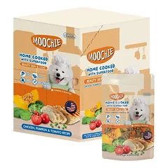 MOOCHIE HOME COOKED Grožio oda ir kailis – vištiena, moliūgas ir pomidorai 12x255 g šunims (receptas su vištiena, moliūgu ir pomidorais)