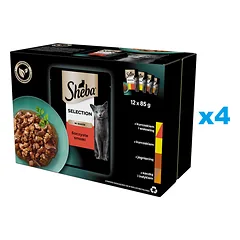 SHEBA Selection Juicy Flavours 48x85g drėgnas visavertis pašaras suaugusioms katėms su vištienos ir jautienos, vištienos, ėrienos, anties ir kalakutienos gabalėliais