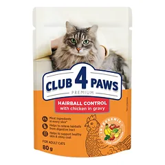 CLUB 4 PAWS Premium konservuotas ėdalas suaugusioms katėms plaukų priežiūrai 24x80 gr