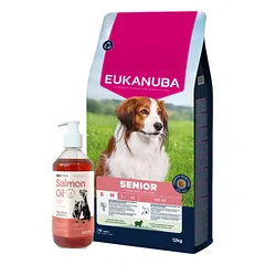 EUKANUBA Mature&Senior Mažų ir vidutinių veislių ėriena su ryžiais 12kg + LAB V Lašišų aliejus šunims ir katėms 500ml