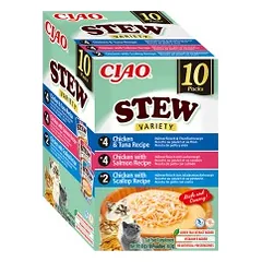 Ciao Stew vištienos troškinys su lašiša, šukutėmis ir tunu skanėstas katėms, 10x40 g — 2 nuotrauka