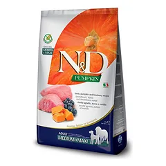 Farmina N&D Dog Grain Free Adult M/L begrūdis sausas maistas šunims su ėriena, mėlynėmis ir moliūgu, 2.5 kg