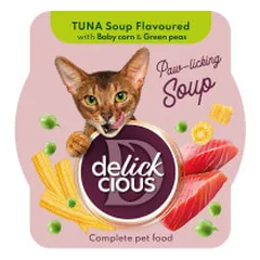 Delickcious Soup sriuba su tunu, kukurūzais ir žaliosiomis pupelėmis katėms - Pet24