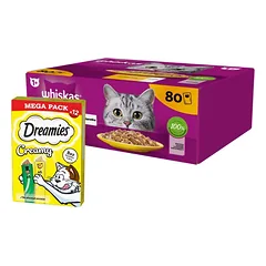 WHISKAS Adult paketėlis 80 x 85 g + DREAMIES Kreminis su sūriu ir katžole 12x10g