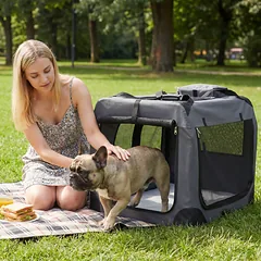Sulankstomas minkštas transportavimo narvas su 3 durimis, pilkas, 83,8 × 58,4 × 58,4 cm — 3 nuotrauka