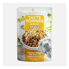 Applaws Dog Taste Toppers In Broth vištienos krūtinėlė su brokoliais, obuoliais ir bolivine balanda papildomas maistas šunims sultinyje, 85 g