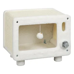 Kačių namelis TV dizaino su hamaku, baltas, pilkas ir smėlinis, 50 × 33 × 42 cm