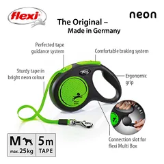 Flexi New Neon Tape juostinis, žalias pavadėlis šunims, M, 5 m — 2 nuotrauka