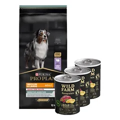 Purina Pro Plan Grain Free Adult Medium Large Sensitive Digestion OPTIDigest 12kg + Wild Farm Monoprotein Wild Boar 3x400g hipoalerginis šunų ėdalas