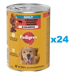 PEDIGREE Adult konservai 24x400 g – visavertis drėgnas ėdalas suaugusiems šunims su jautiena drebučiuose.