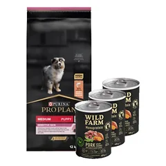 Purina Pro Plan Medium Puppy Sensitive Optiderma, lašiša ir ryžiai 12kg + Wild Farm Monoprotein Pork 3x400g hipoalerginis maistas šunims