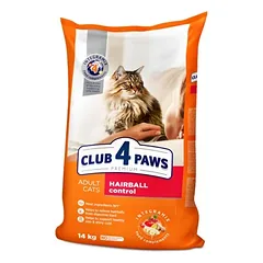 CLUB 4 PAWS Premium visavertis ėdalas suaugusioms katėms su vilnos pašalinimu iš virškinamojo trakto efektu „Hairball control“ 14kg.
